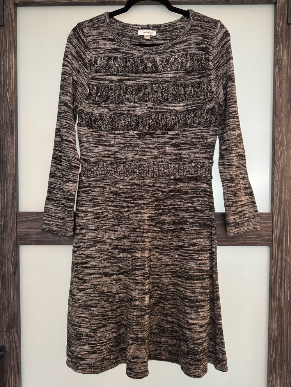 Calvin Klein Black and Cream Marled Knit Long-Sleeve Dress